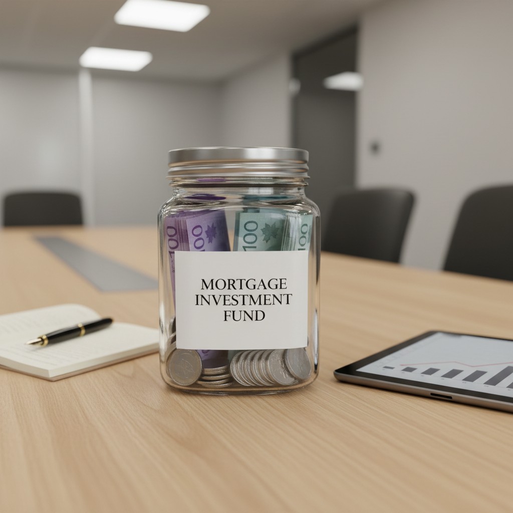 A glass jar with a silver lid labeled "Mortgage Investment Fund" on a table with a notebook, pen, and tablet.